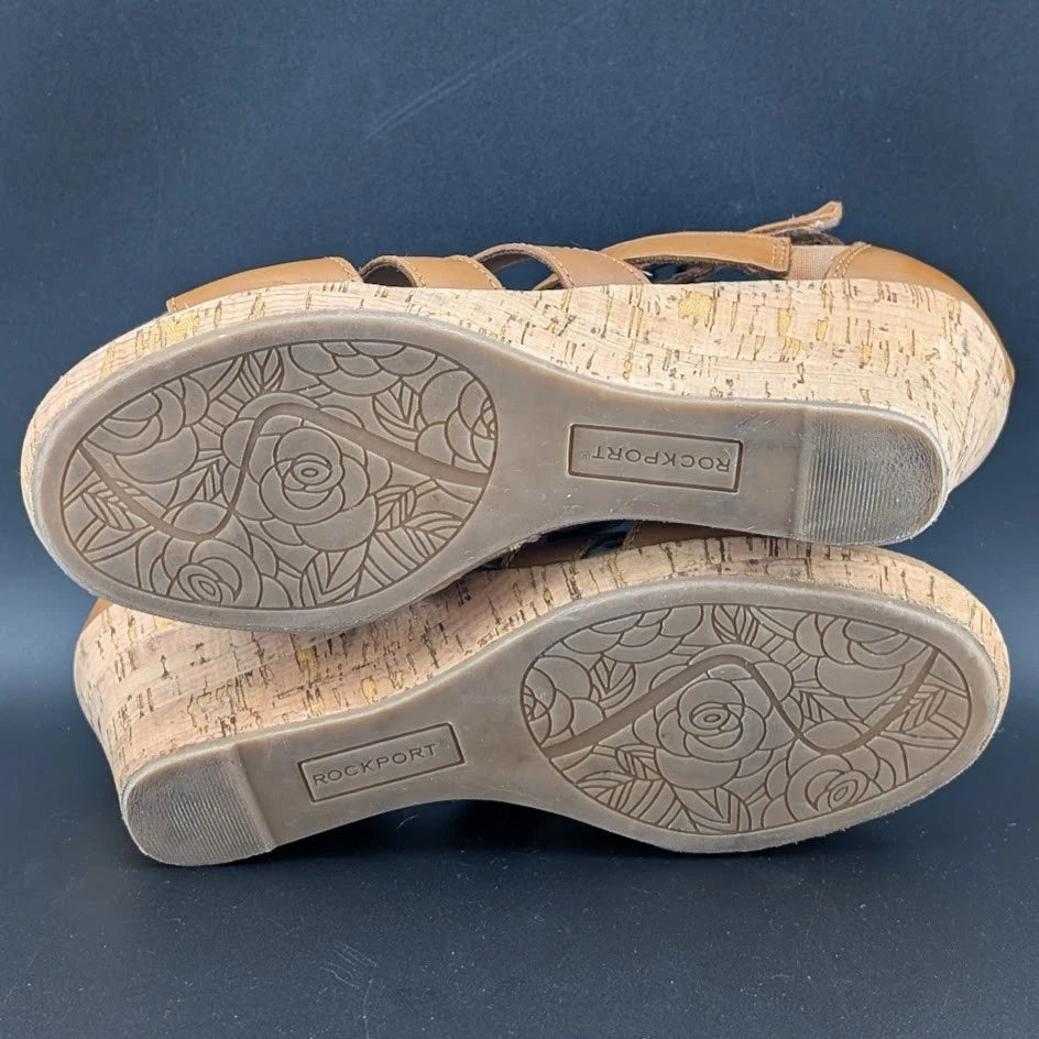 Rockport Briah Gladiator Wedge Sandal Women 6.5 Tan Leather Strap BX1984 EUC SoleComfort.shoes