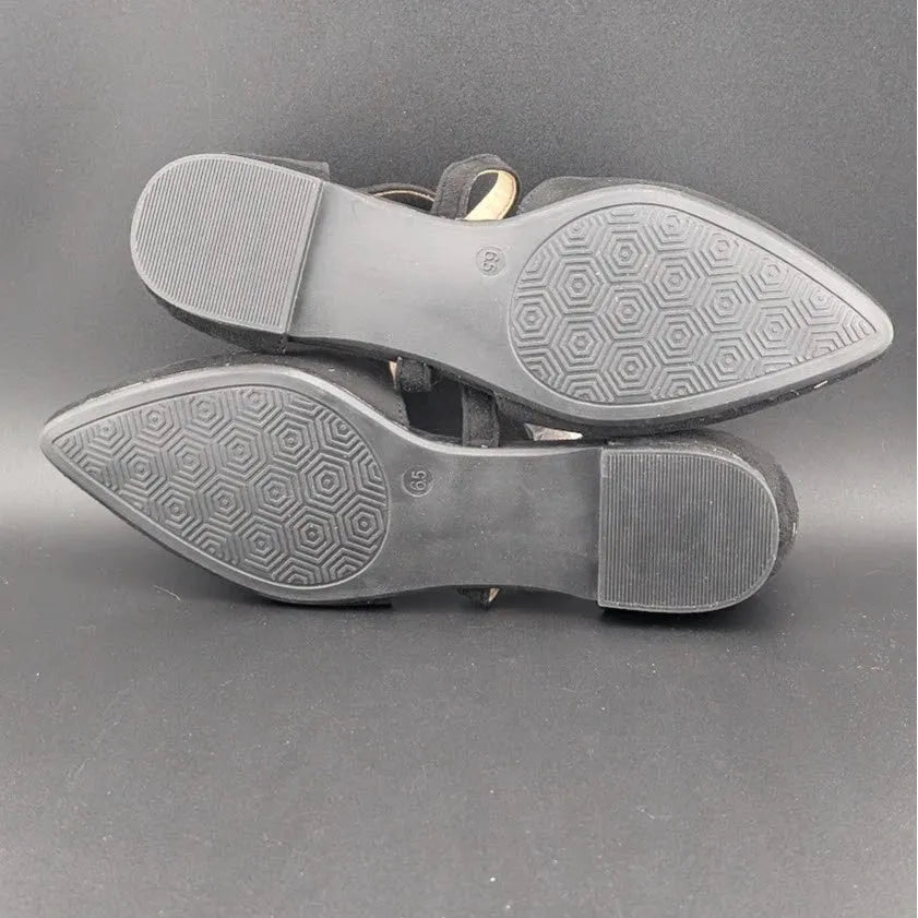 Womens Size 6.5 D'Orsay Dress Flat Ankle Strap and Low Pancake Heel Black Nubuck Trary