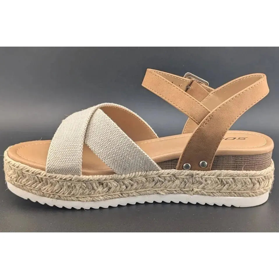 Womens Size 8 Soda "Firefly" Espadrille Ankle Strap Platform Sandal Light Brown SoleComfort.shoes