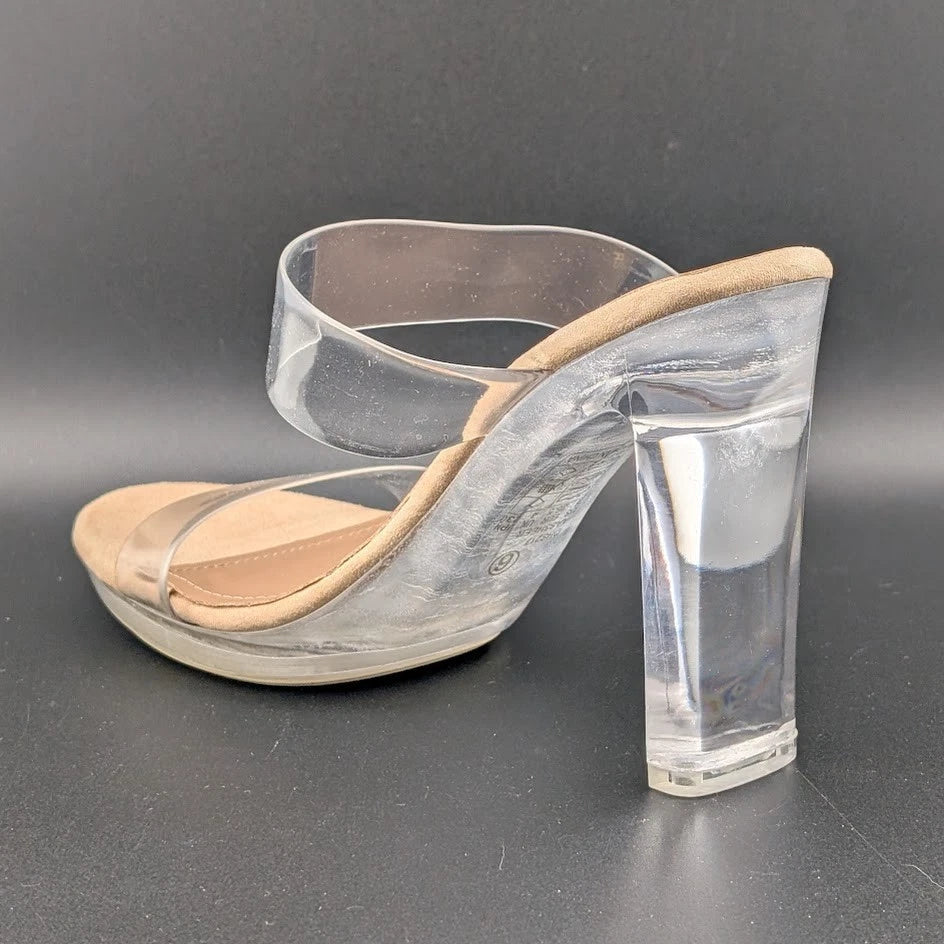 Women Clear Two Strap Open Toe High Block Chunky Slip On Dress Heel Sandals SoleComfort.shoes