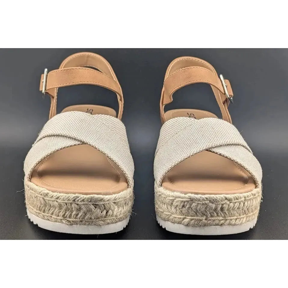 Womens Size 8 Soda "Firefly" Espadrille Ankle Strap Platform Sandal Light Brown SoleComfort.shoes