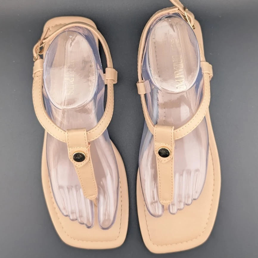 Women Size 8.5 T-Strap Thong Flat Sandals Square Toe Strappy Sandals SoleComfort.shoes