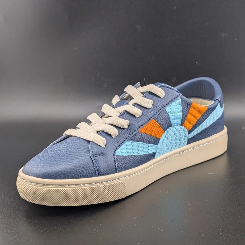 NWB Womens Size 6.5* Soludos Ibiza Blue Leather Embroidered Rainbow Wave Sneaker SoleComfort.shoes