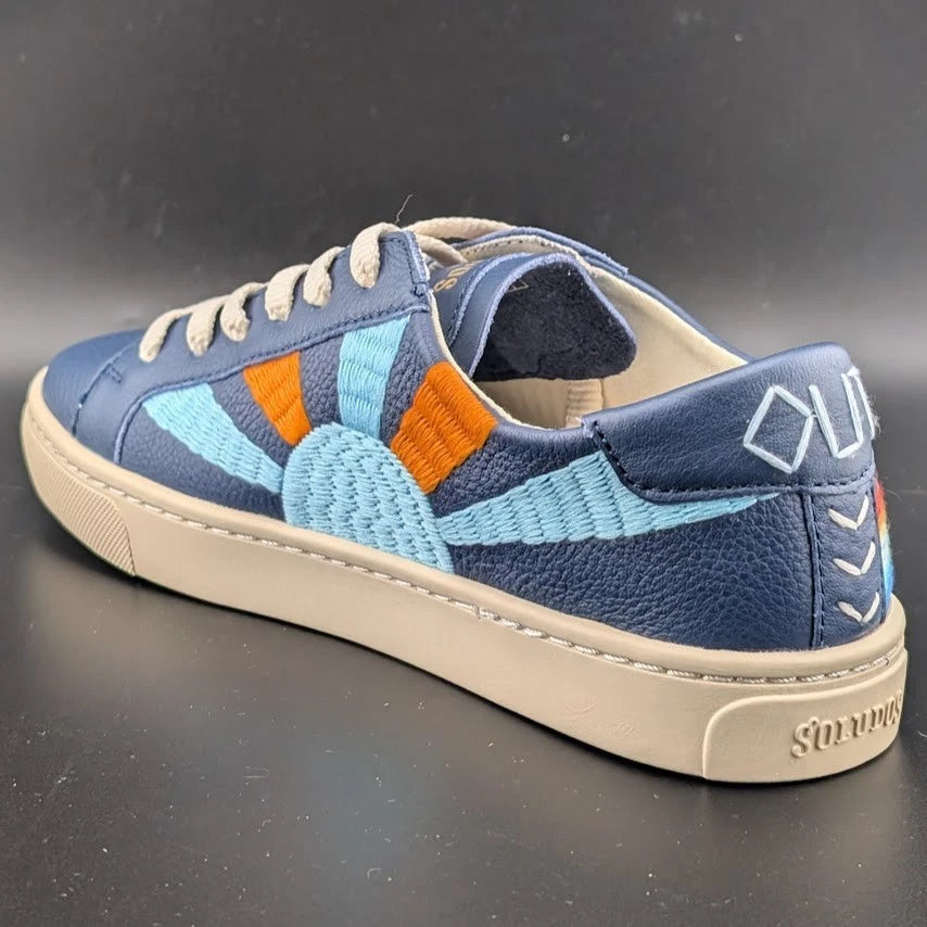 NWB Womens Size 6.5* Soludos Ibiza Blue Leather Embroidered Rainbow Wave Sneaker SoleComfort.shoes