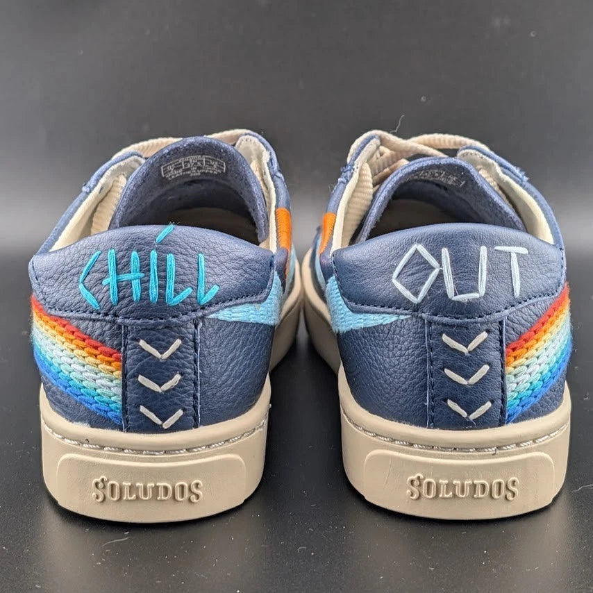 NWB Womens Size 6.5* Soludos Ibiza Blue Leather Embroidered Rainbow Wave Sneaker SoleComfort.shoes