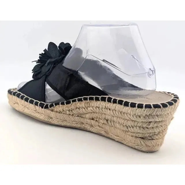 Montego Bay Club Black Fabric Flower Espadrille Wedge Sandal US size 8M - SoleComfort.shoes