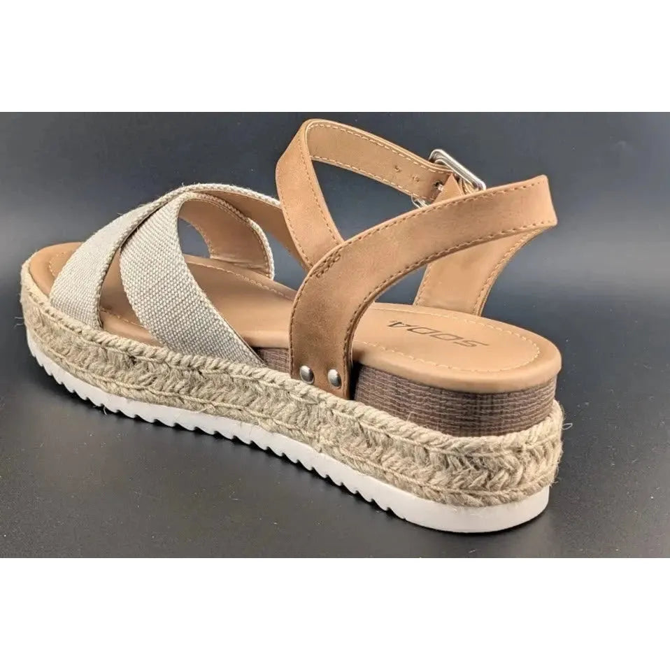 Womens Size 8 Soda "Firefly" Espadrille Ankle Strap Platform Sandal Light Brown SoleComfort.shoes