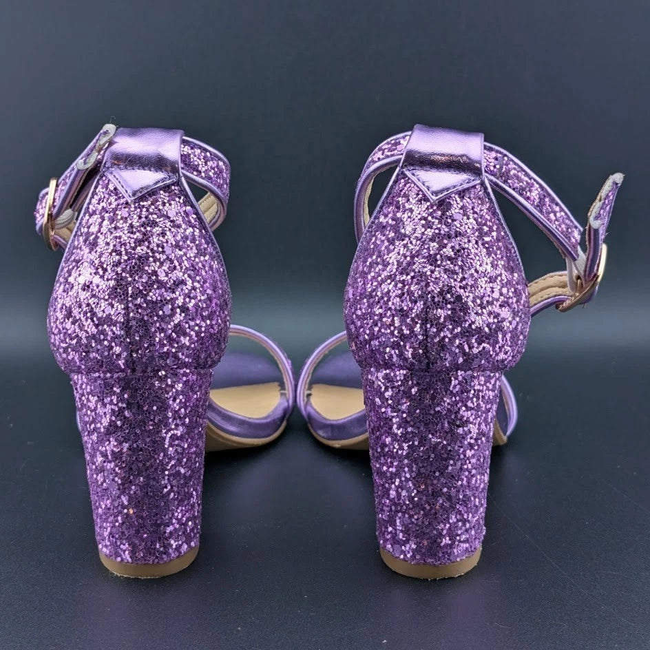 Women Sz 5.5 Wedding Party Heel Glitter Pagent Sandals Low Heel Open Toe Dress SoleComfort.shoes