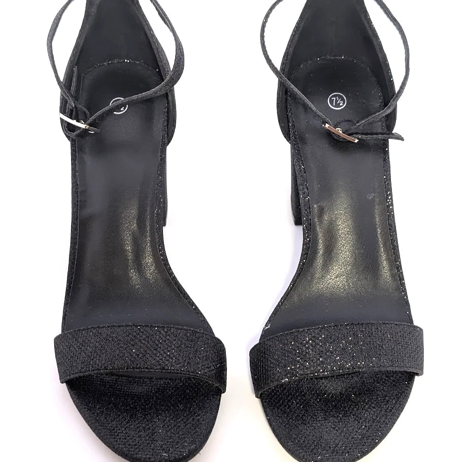 Mysoft Womens Sz 7.5 Black Sparkle Open-Toe Block Hi Heeled Ankle Strap Sandals SoleComfort.shoes