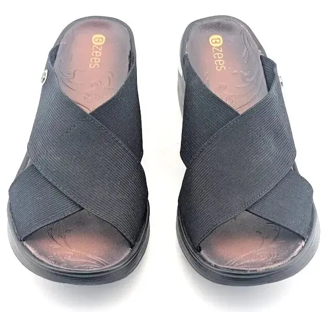 Bzees Desire Wedge Elastic Bands Slide Sandals Black Women's 9M Bzee