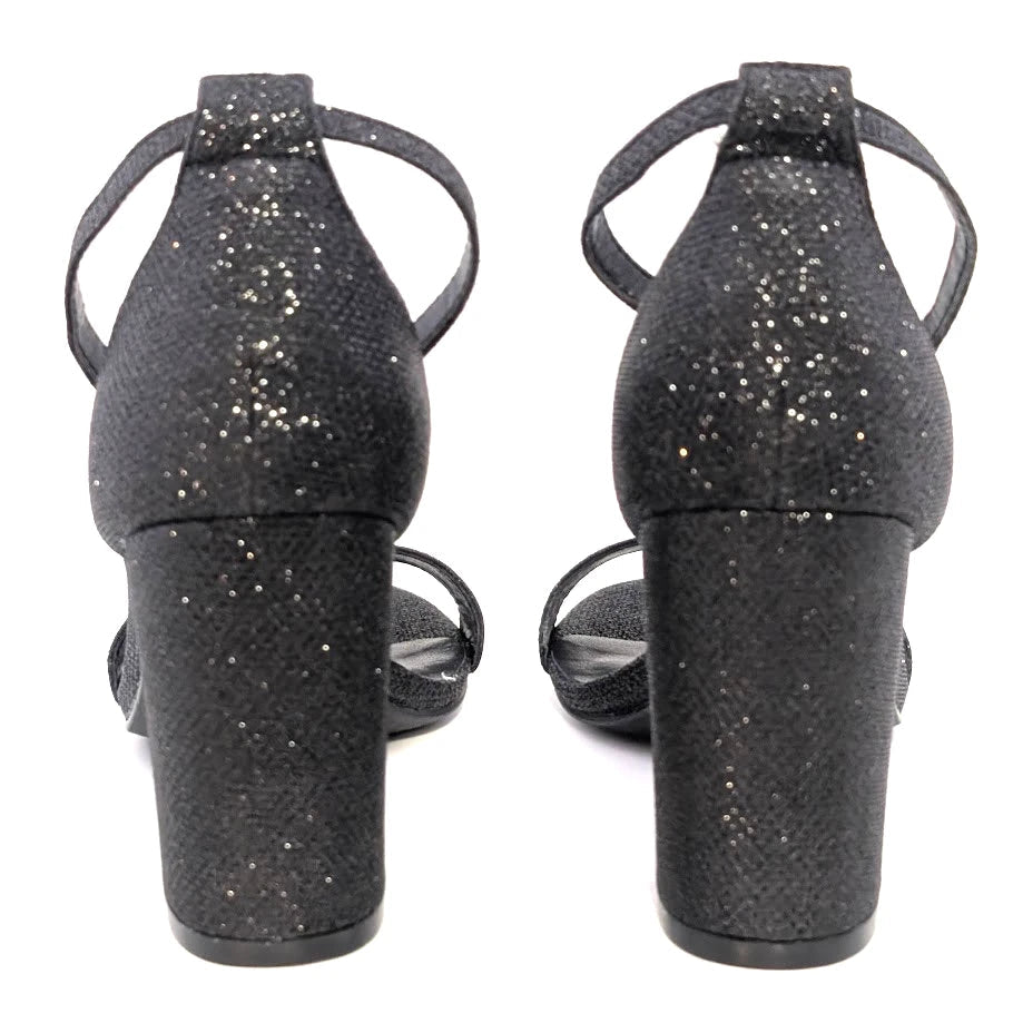Mysoft Womens Sz 7.5 Black Sparkle Open-Toe Block Hi Heeled Ankle Strap Sandals SoleComfort.shoes