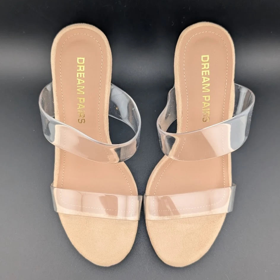 Women Clear Two Strap Open Toe High Block Chunky Slip On Dress Heel Sandals SoleComfort.shoes