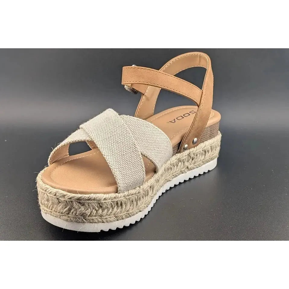 Womens Size 8 Soda "Firefly" Espadrille Ankle Strap Platform Sandal Light Brown SoleComfort.shoes
