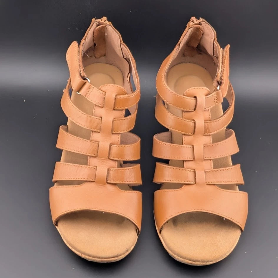 Rockport Briah Gladiator Wedge Sandal Women 6.5 Tan Leather Strap BX1984 EUC SoleComfort.shoes