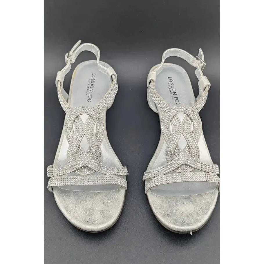 London Fog Women's Macey Demi-Wedge Rhinestone Sandals Silver Size 8 New In Box SoleComfort.shoes