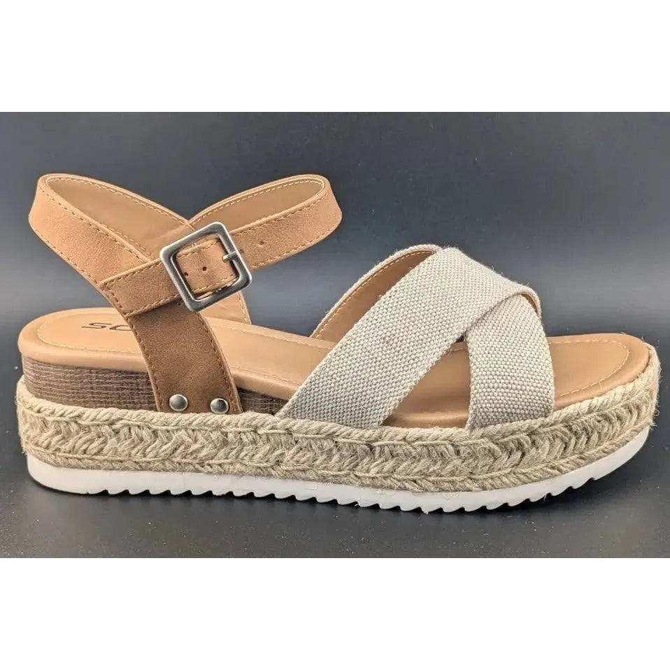 Womens Size 8 Soda "Firefly" Espadrille Ankle Strap Platform Sandal Light Brown SoleComfort.shoes