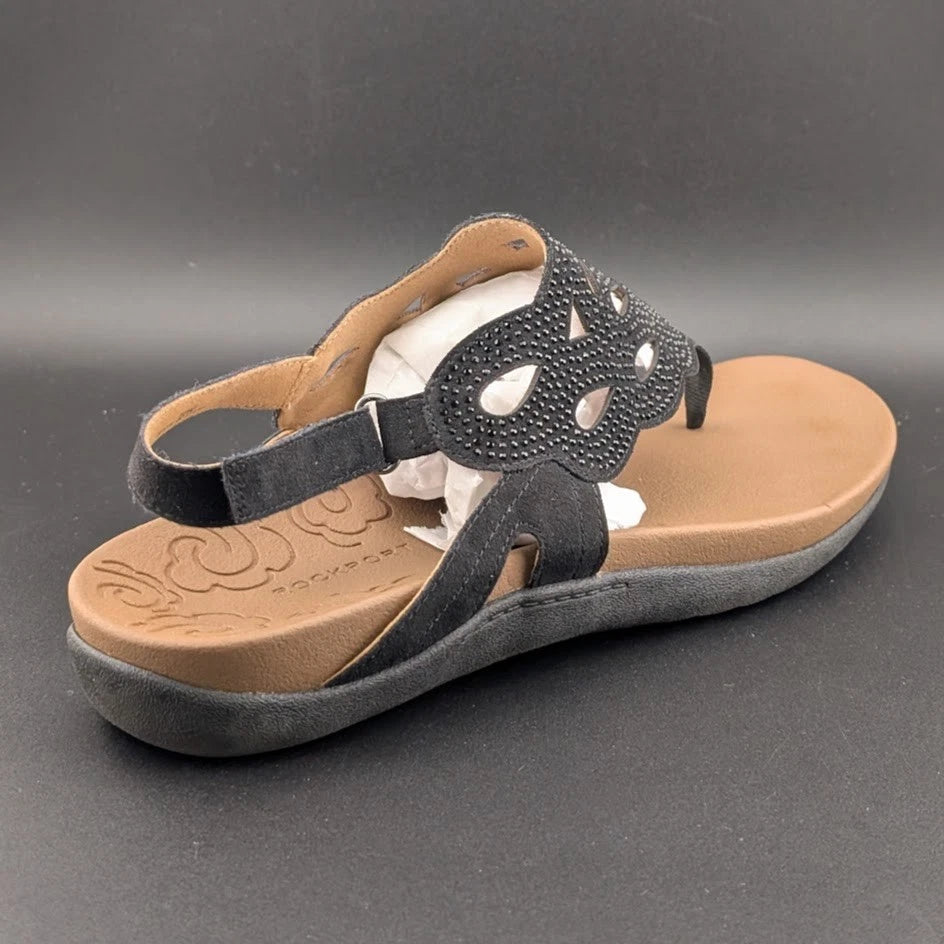 Rockport Sandals Womens Ridge Black 10 Leather Thong Slingback Shoe w/ Sparkles SoleComfort.shoes