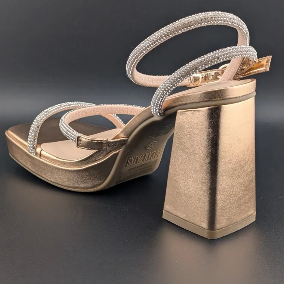 Women's Size 6.5 Bronze Metallic Platform Strappy 4" Block Heels w/ Rhinestones SoleComfort.shoes