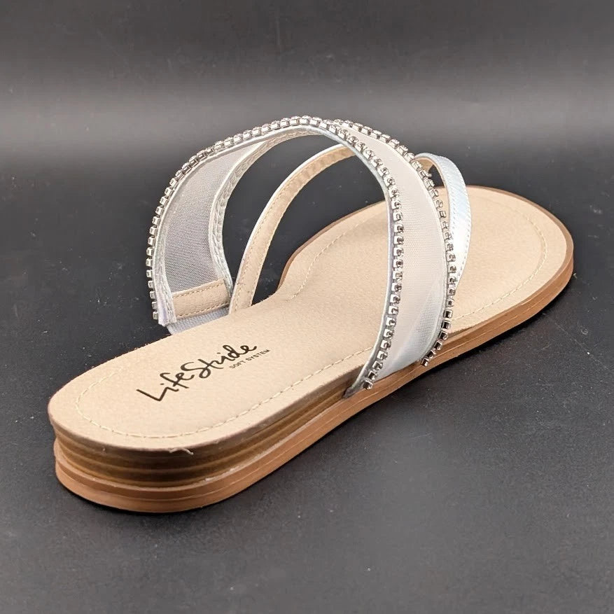 NEW Life Stride Women’s Size 11W Radiant Glow Slide Sandals Irridescent Silver SoleComfort.shoes