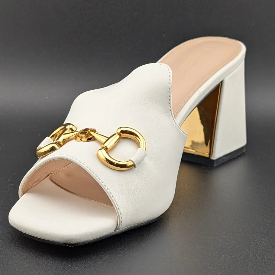 Coutgo Women's Size 9.5 Square Open Toe Chunky Heel Sandals Slip-On Slides Chain SoleComfort.shoes