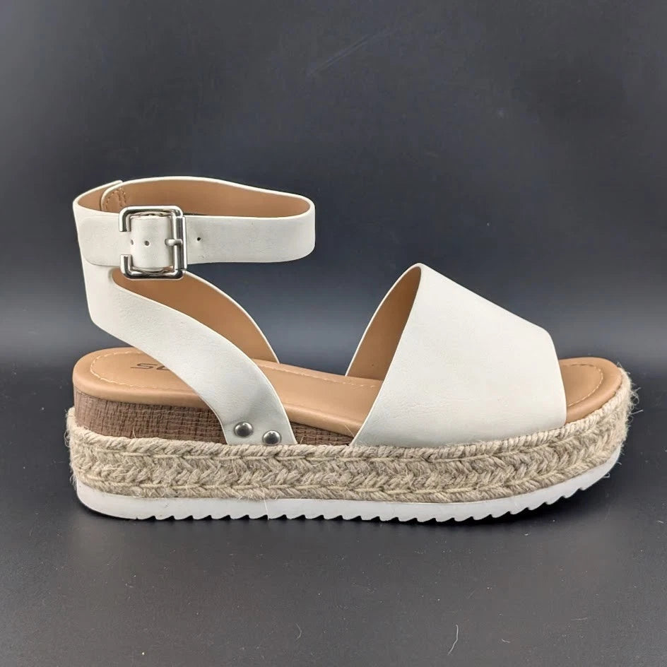 Womens Size 7.5 Soda "Topic" Espadrille Ankle Strap Platform Sandal Off-White SoleComfort.shoes