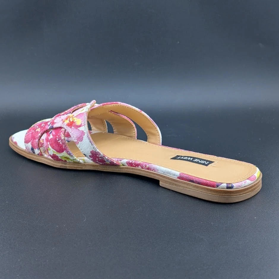 Nine West Size 9 Germani Light Natural Flat Slide Sandals Floral SoleComfort.shoes