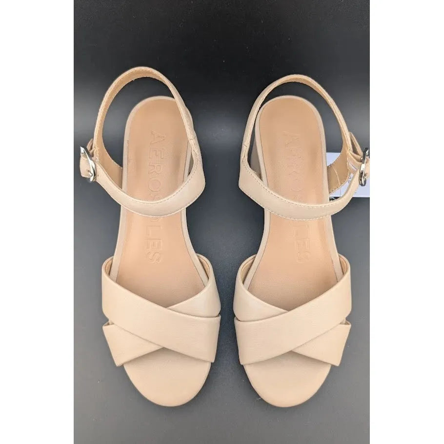 AEROSOLES Women's Cosmos Crisscross Buckle Sandals Sz 6M Beige Bisque Leather SoleComfort.shoes