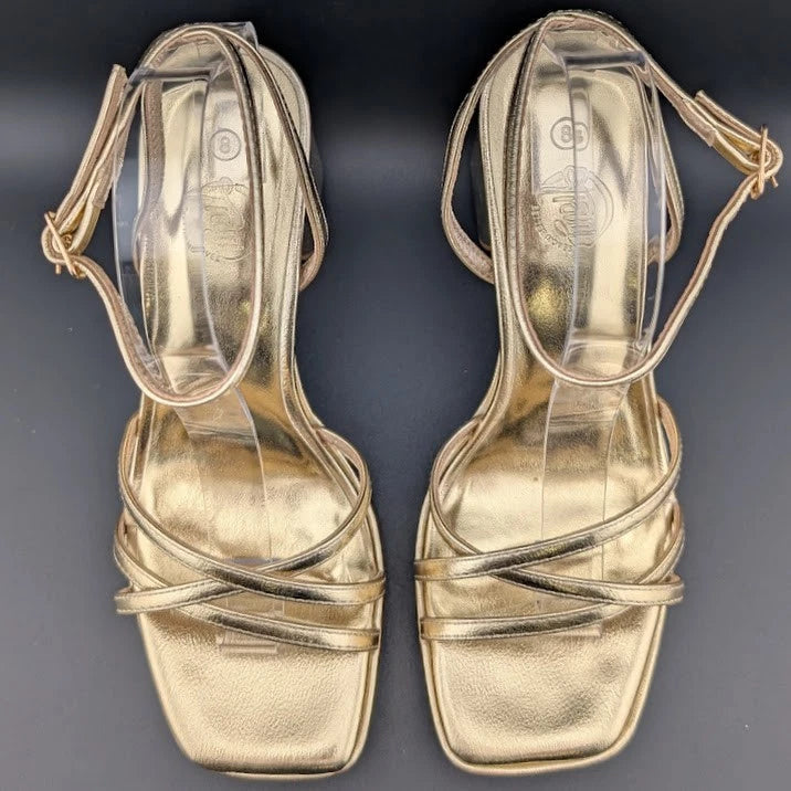 Trary Women's Size 8 Gold Strappy Platform 4" Chunky Heel Open Toe Sandals SoleComfort.shoes