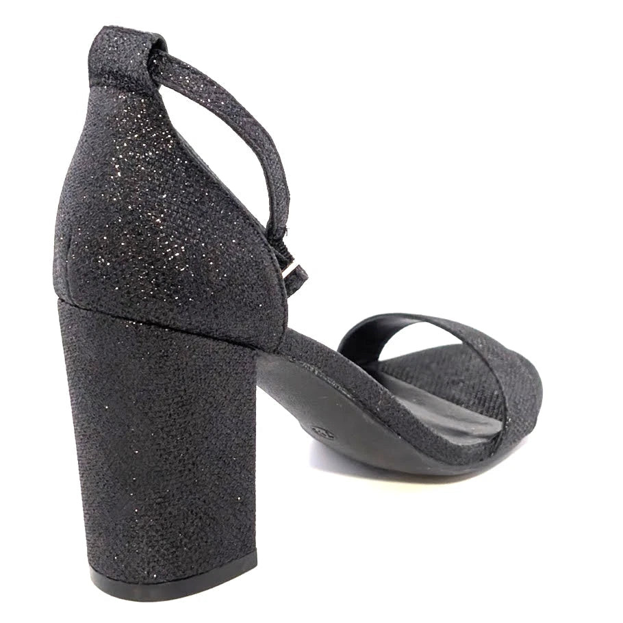 Mysoft Womens Sz 7.5 Black Sparkle Open-Toe Block Hi Heeled Ankle Strap Sandals SoleComfort.shoes