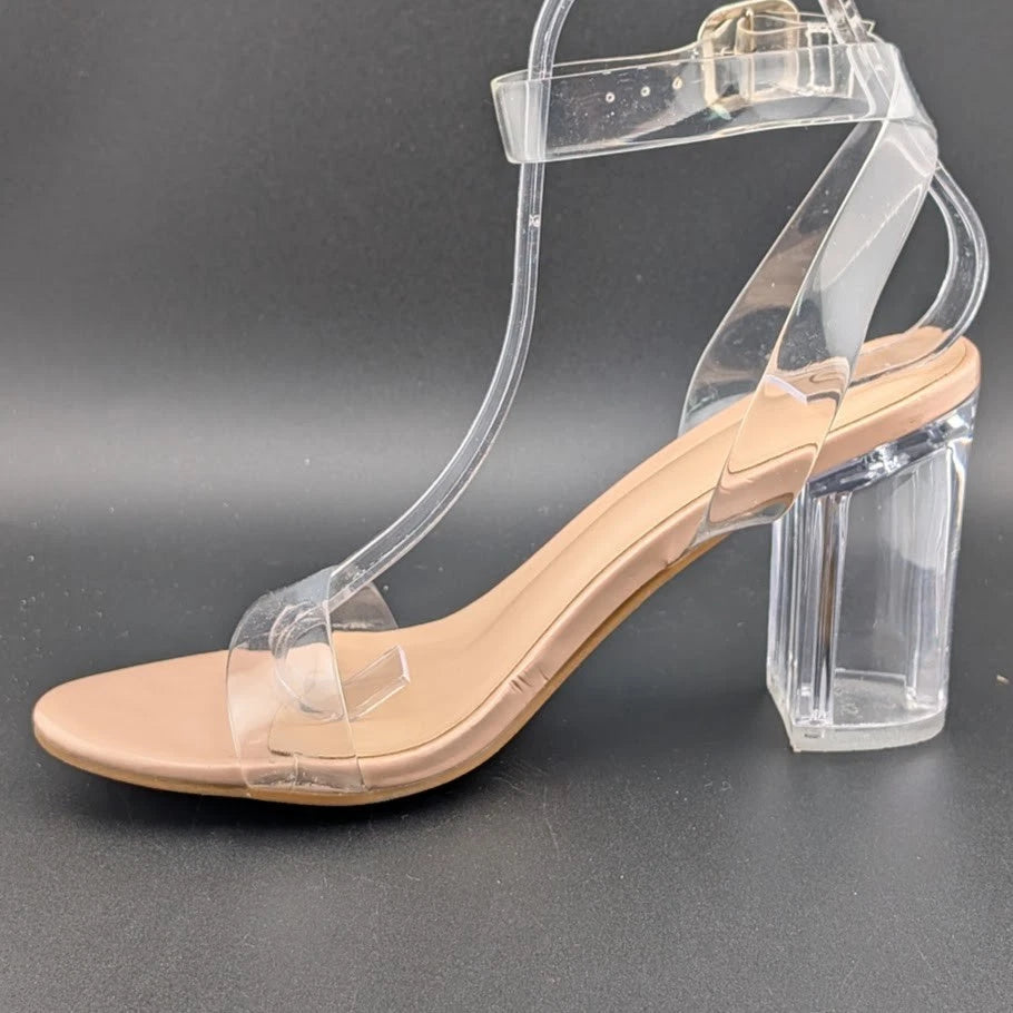 Women's Size 7 Clear Heeled Sandals Ankle Strap Block Chunky Heel Open Toe SoleComfort.shoes