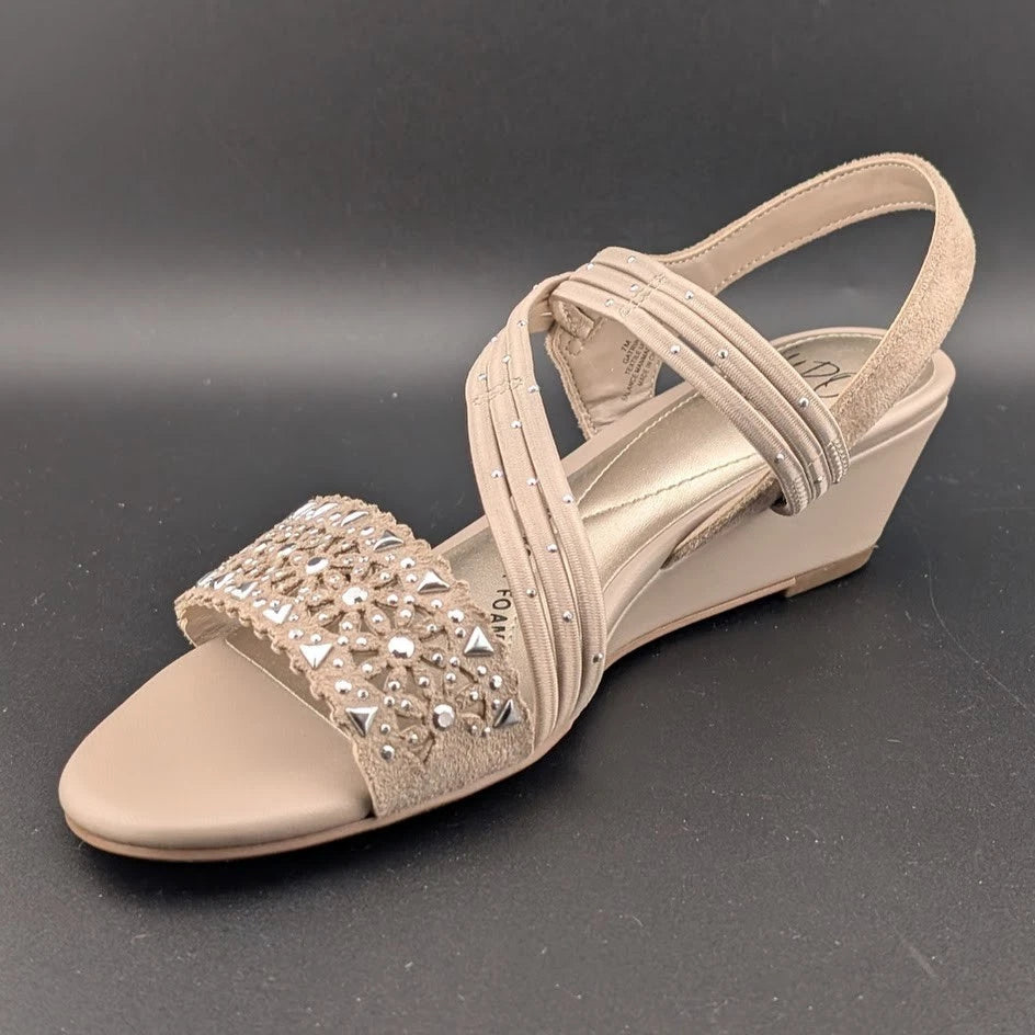 NWB Women's Sz 7M IMPO Gatrina Embellished Stretch Wedge Sandals, Praline SoleComfort.shoes