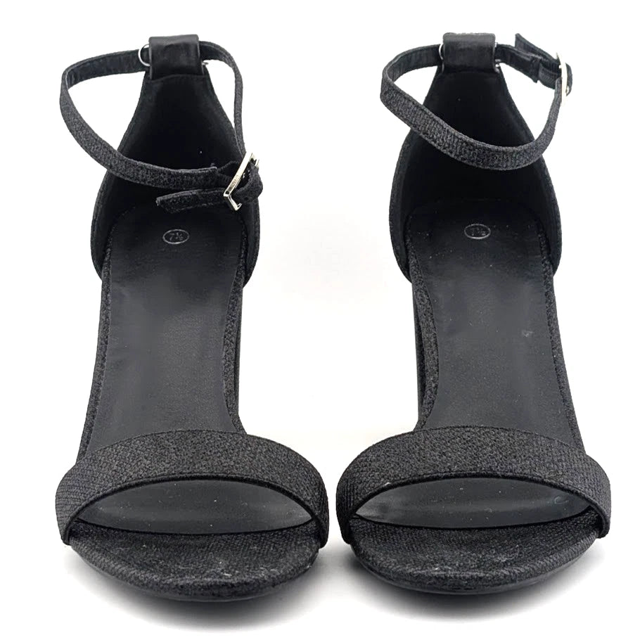 Mysoft Womens Sz 7.5 Black Sparkle Open-Toe Block Hi Heeled Ankle Strap Sandals SoleComfort.shoes