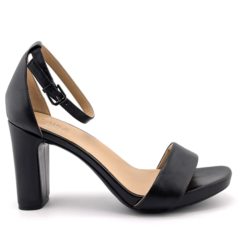 Naturalizer Women's Size 9.5W Joy Black Leather Sandals with 4" Chunky Heels SoleComfort.shoes