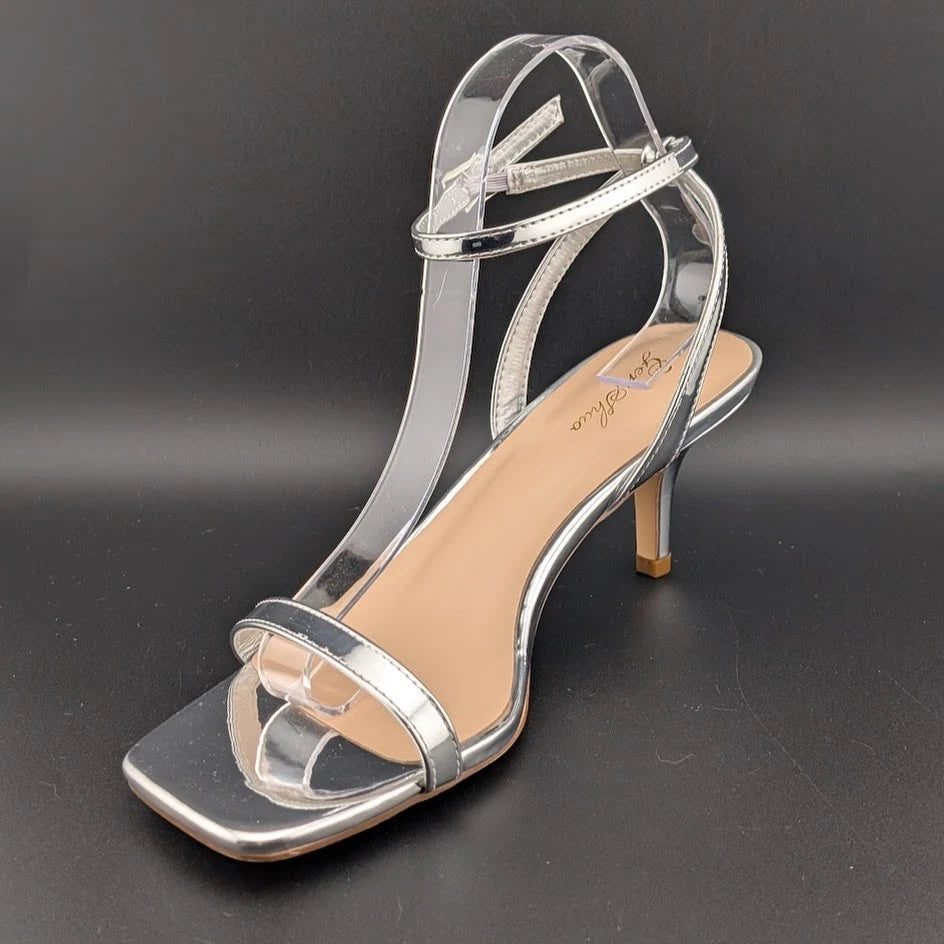 Women Size 10 Silver Comfort Thong Sandals w/Ankle Wrap Strap Square Toe 3" Heel SoleComfort.shoes