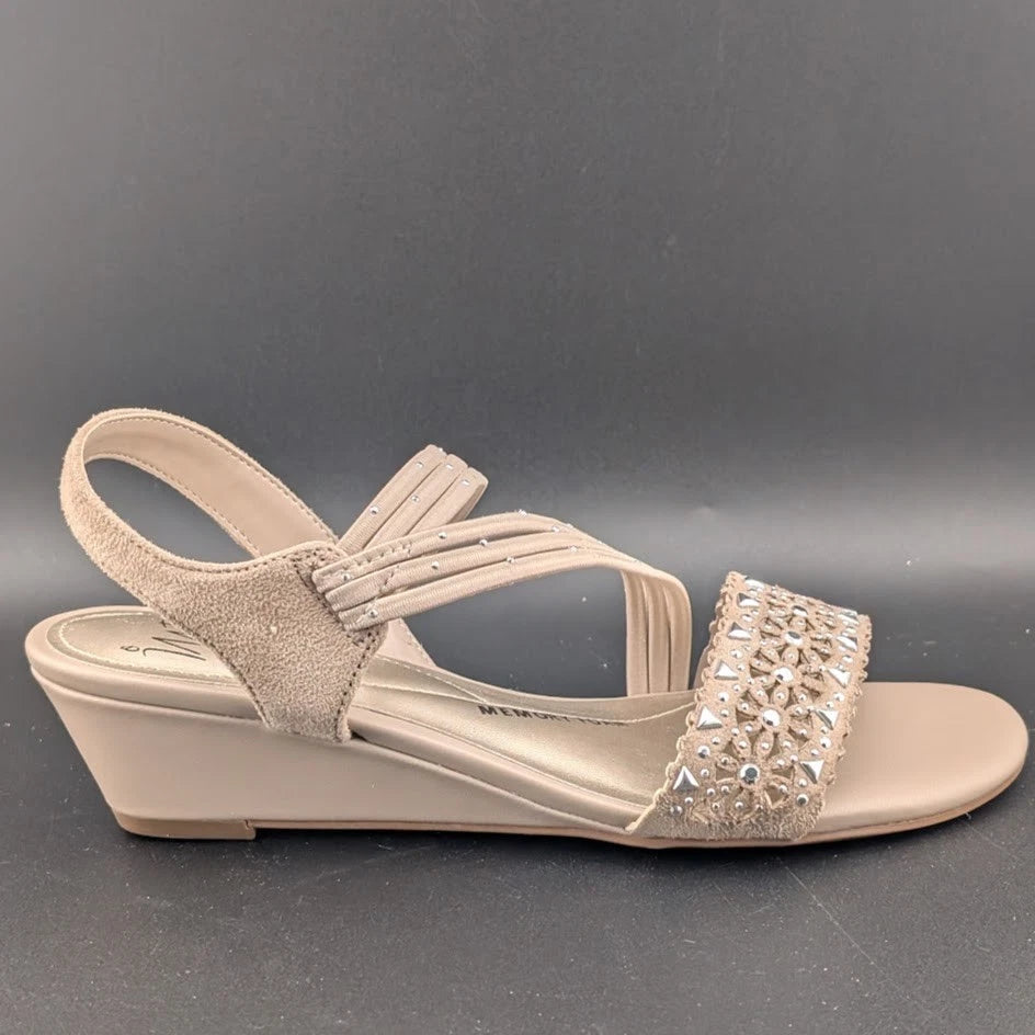 NWB Women's Sz 7M IMPO Gatrina Embellished Stretch Wedge Sandals, Praline SoleComfort.shoes