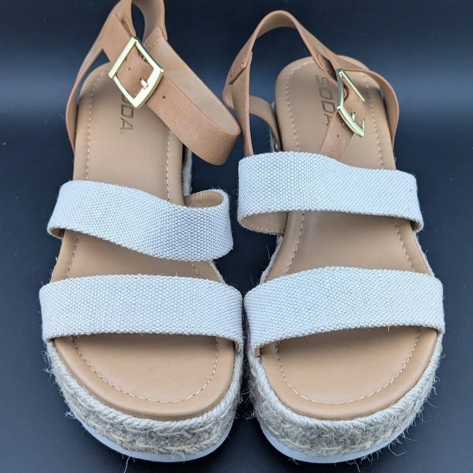 Women's Size 10 Soda Bryce Espadrille Ankle Strap Platform Sandal Light Brown SoleComfort.shoes
