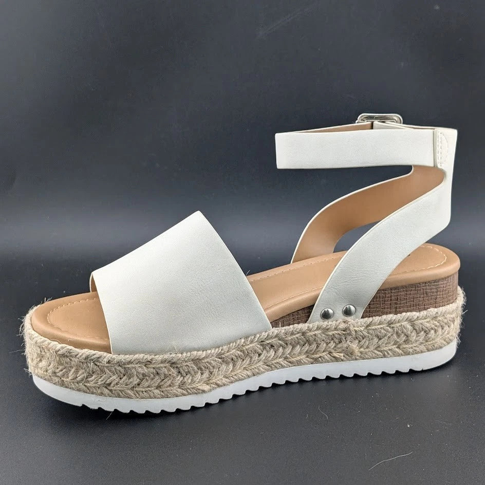 Womens Size 7.5 Soda "Topic" Espadrille Ankle Strap Platform Sandal Off-White SoleComfort.shoes