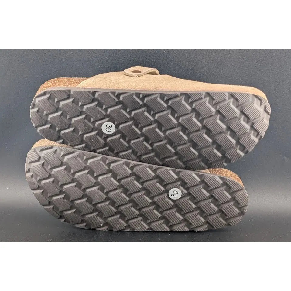 KIDMI Women's EU39 (US 8-8.5) Suede Clogs w/ Back Strap Leather Mules Cork Footbed Slip on SoleComfort.shoes