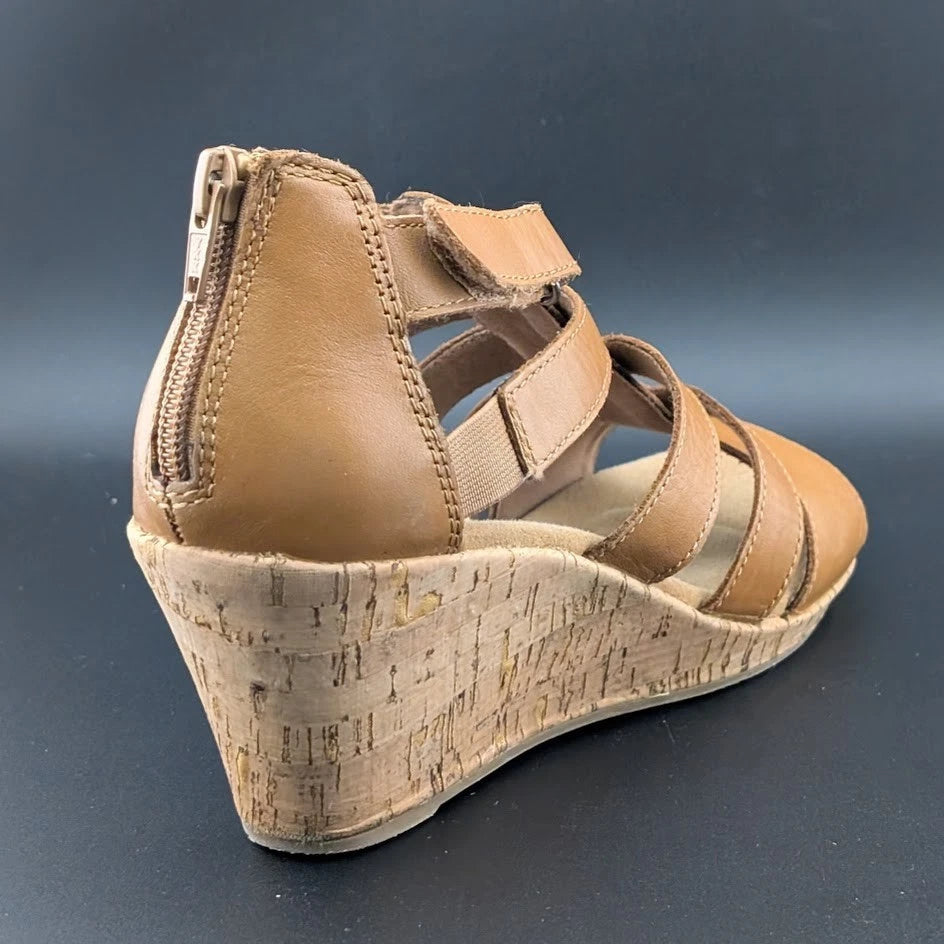 Rockport Briah Gladiator Wedge Sandal Women 6.5 Tan Leather Strap BX1984 EUC SoleComfort.shoes