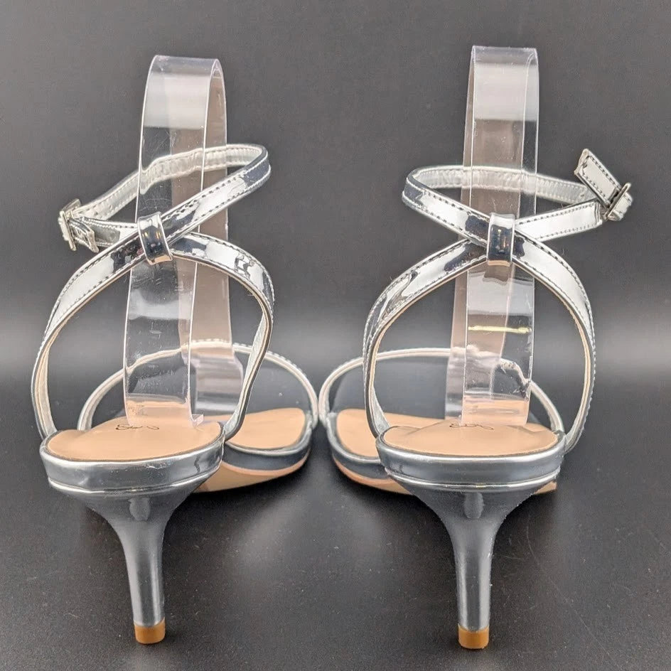 Women Size 10 Silver Comfort Thong Sandals w/Ankle Wrap Strap Square Toe 3" Heel SoleComfort.shoes