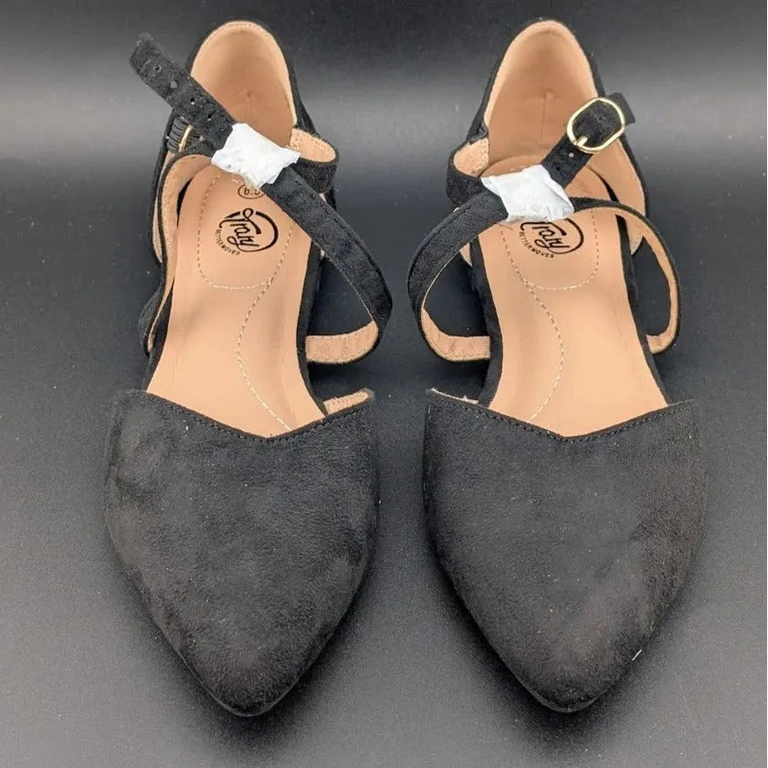 Womens Size 6.5 D'Orsay Dress Flat Ankle Strap and Low Pancake Heel Black Nubuck Trary