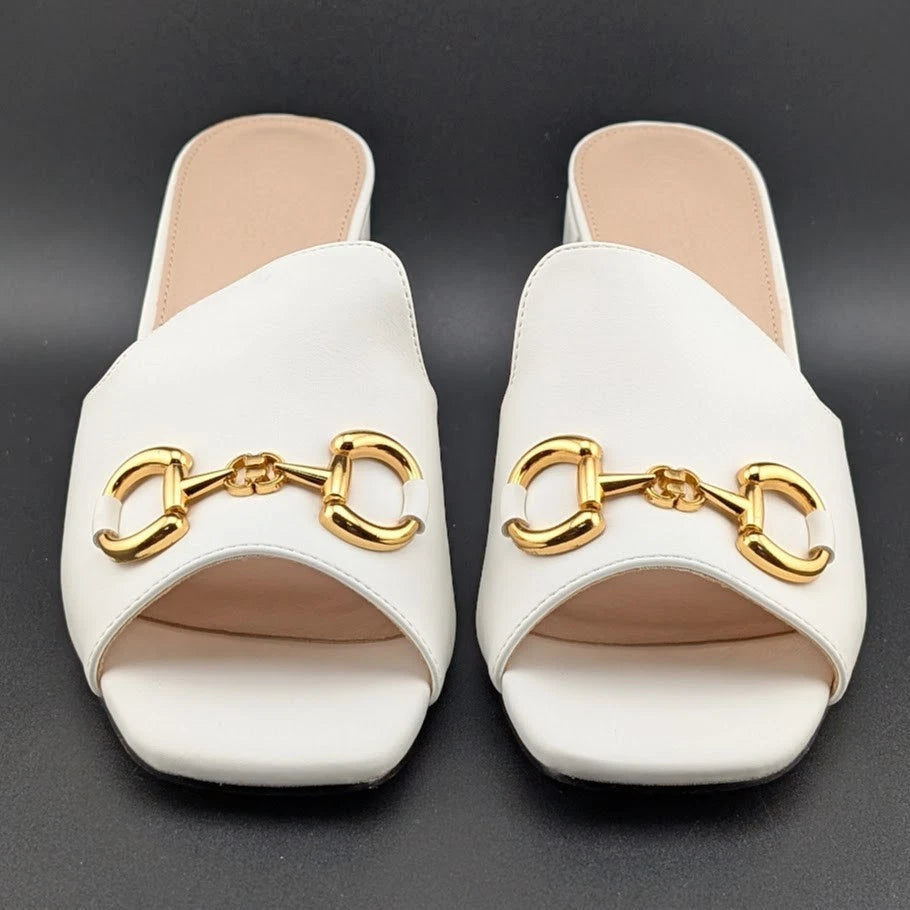 Coutgo Women's Size 9.5 Square Open Toe Chunky Heel Sandals Slip-On Slides Chain SoleComfort.shoes