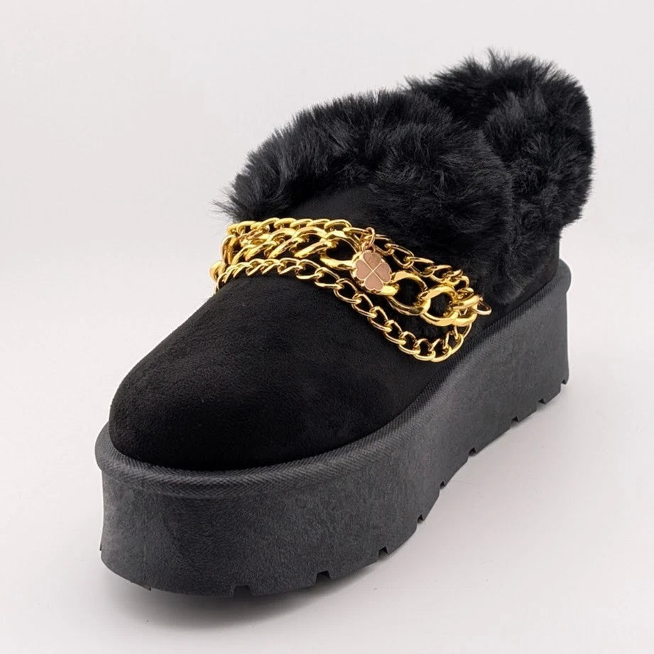 Carlkarida Size 7 Black Faux Fur Textile Suede Booties w/ Charm Bracelet JW2006 SoleComfort.shoes