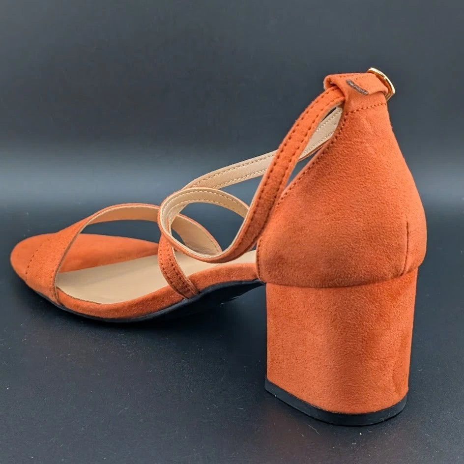 Women Size 7 Chunky Heel Cross-Strap Sandals Open Toe Wedding Dress Faux Suede SoleComfort.shoes