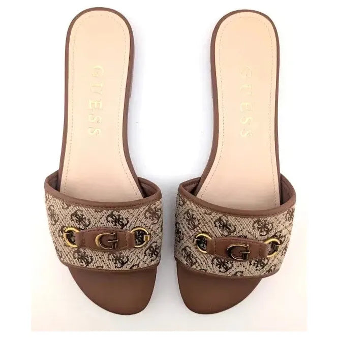 Pre-Owned Guess "Hammi" Women's Size 11 Slide Sandal Medium Brown with Medallion - SoleComfort.shoes