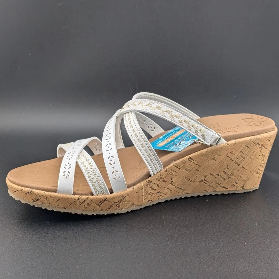 Skechers Cali Size US 11 Luxe Foam Tan White Cork Wedge Heel Sandals 31714/WHT SoleComfort.shoes