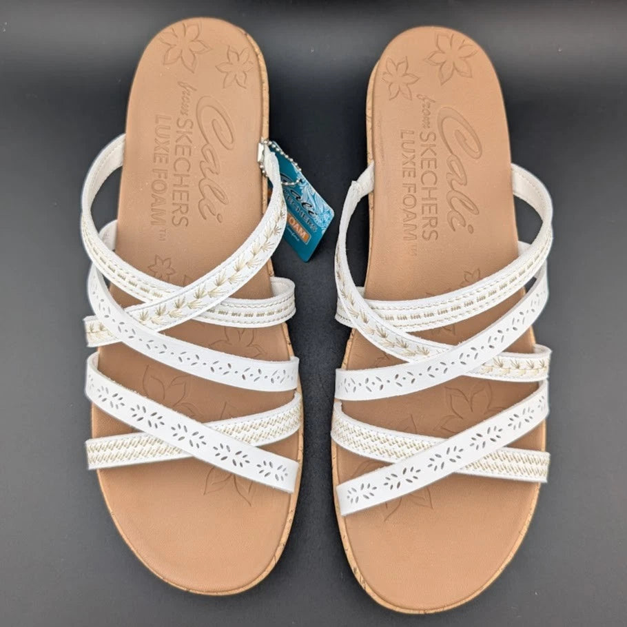 Skechers Cali Size US 11 Luxe Foam Tan White Cork Wedge Heel Sandals 31714/WHT SoleComfort.shoes