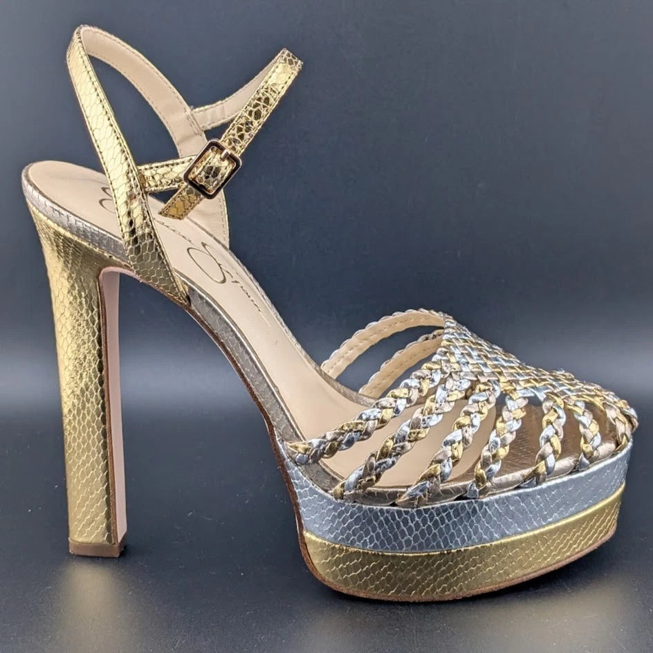Woman's Size 9.5 Dress Shoes Jessica Simpson Inaia Platform Gold /Silver SoleComfort.shoes
