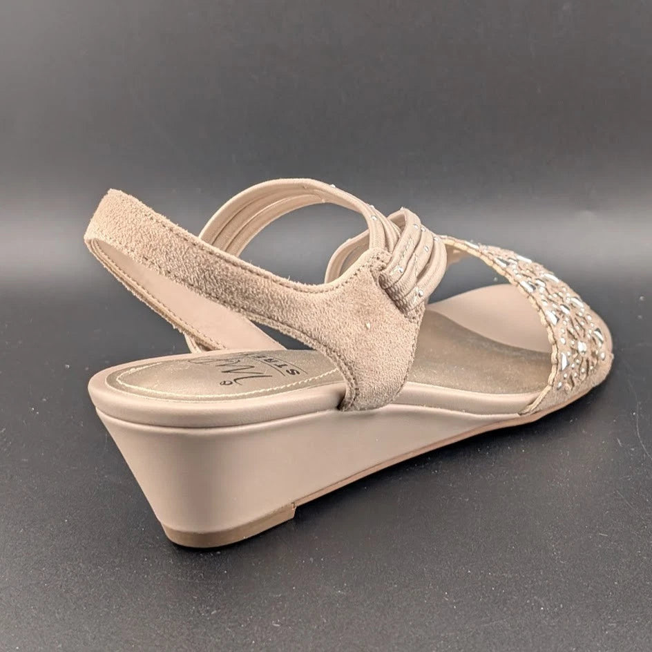 NWB Women's Sz 7M IMPO Gatrina Embellished Stretch Wedge Sandals, Praline SoleComfort.shoes
