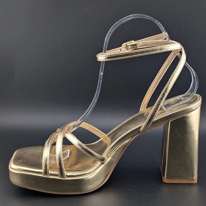 Trary Women's Size 8 Gold Strappy Platform 4" Chunky Heel Open Toe Sandals SoleComfort.shoes